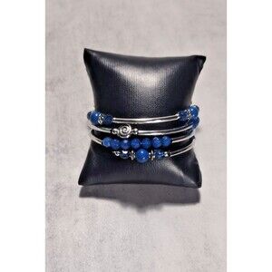 Memory Wire Beaded Braclet Coil Wrap Faceted Blue Silver Tone